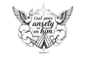 cast all your anxiety on him because he cares for you"  1 peter 5:7 surrounded with clouds and angels and praying hands tattoo idea