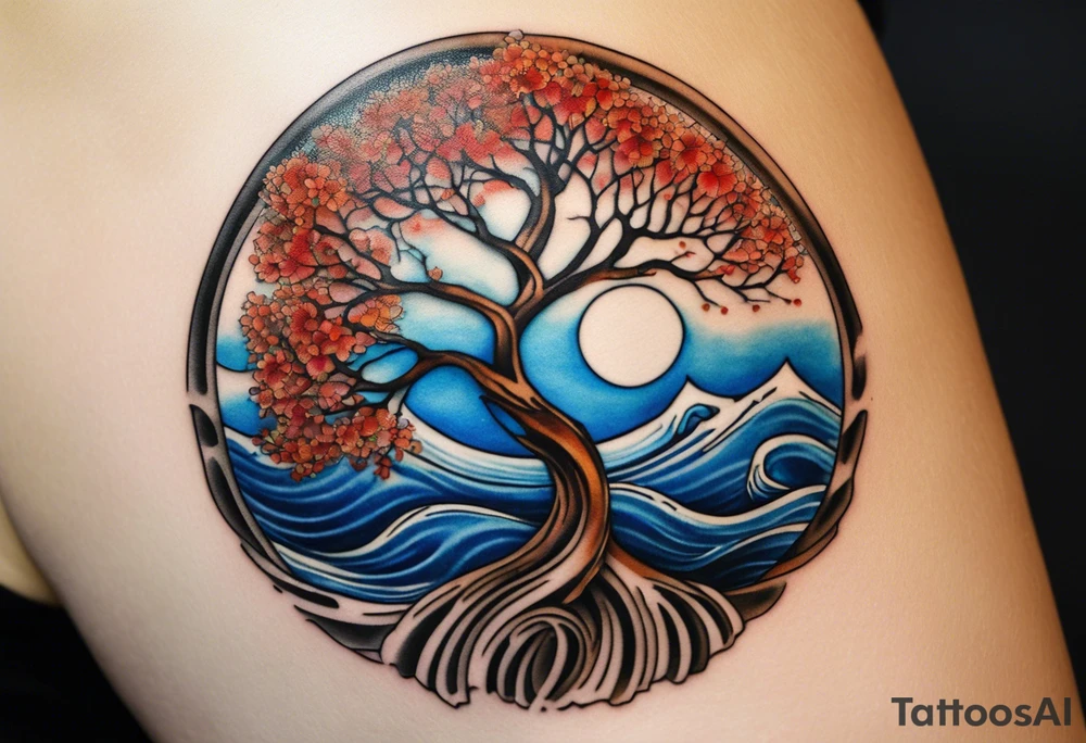 A tattoo of an abstract Tree of life tattoo to be placed on the upper side bicep of a woman. It can wrap around the arm a little. It should have roots growing out of the bottom. The roots slowly turn into water from the great wave by Hokusai. A golf flag should be placed discreetly growing out of the ground. 2 license plate tags should be hanging from the tree. Place a few music notes in the areas the leaves should be. The letters A U should be engraving into the tree trunk in a heart tattoo idea