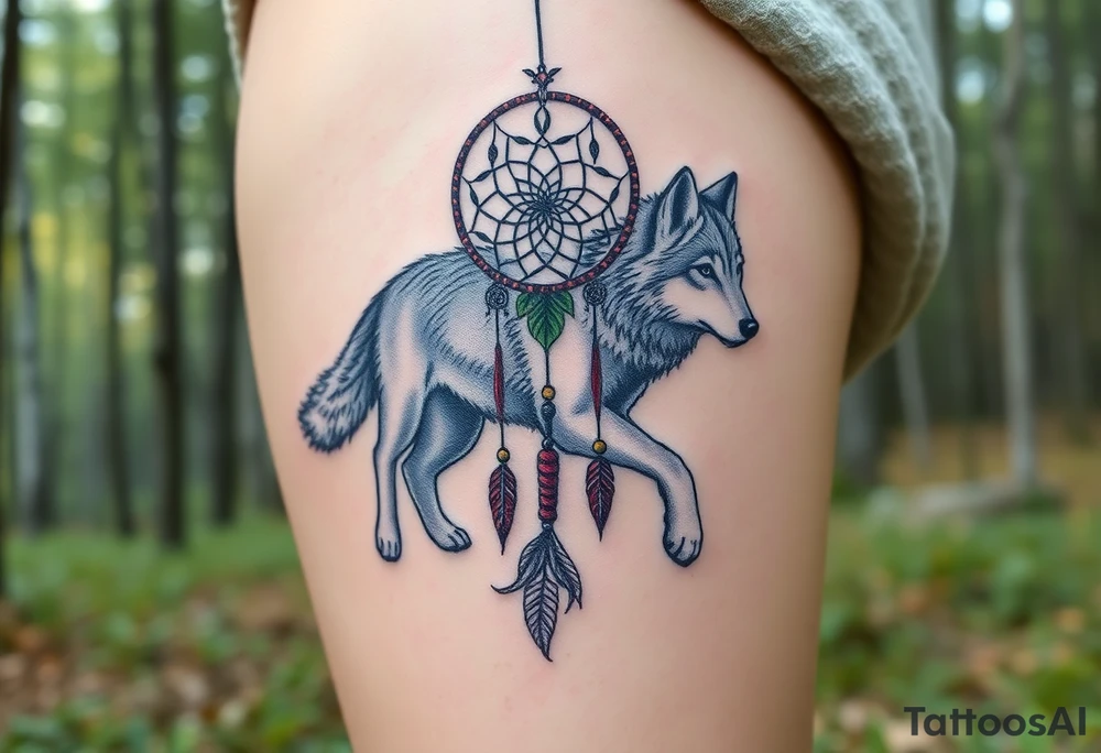 A wolf running through the woods, with dreamcatcher rings woven into the landscape. The wolf’s fur is shaded in shades of gray and white, while the dreamcatcher is adorned with green leaves and earthy brown tones tattoo idea