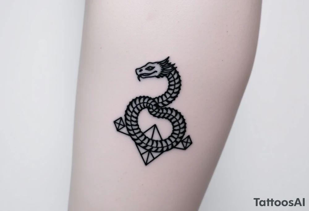 Ouroborous or dragon/serpent/snake eating its own tail in a figure 8 in negative space with geometric patterns on a leg tattoo design tattoo idea