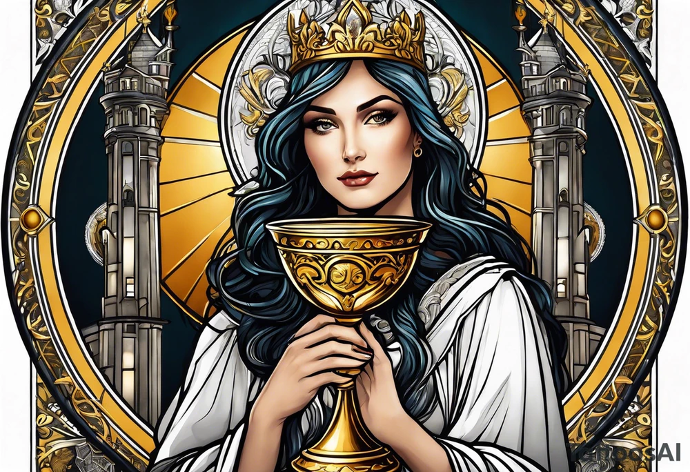 woman saint holding chalice surrounded by golden halo with a tower tattoo idea
