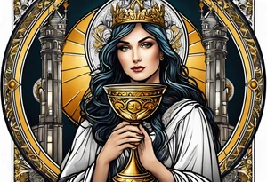 woman saint holding chalice surrounded by golden halo with a tower tattoo idea