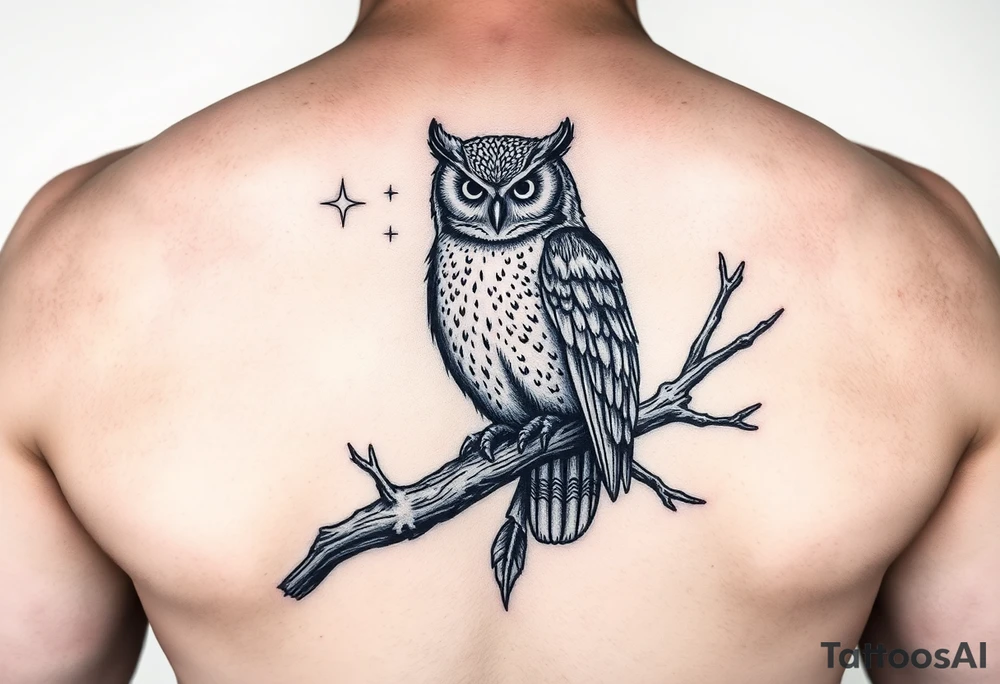 wise owl perched on ancient oak branch under starlit sky tattoo idea