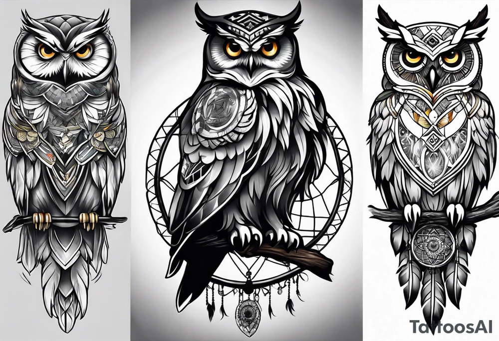Owl and dreamcatcher back of calf sleeve tattoo idea