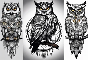 Owl and dreamcatcher back of calf sleeve tattoo idea
