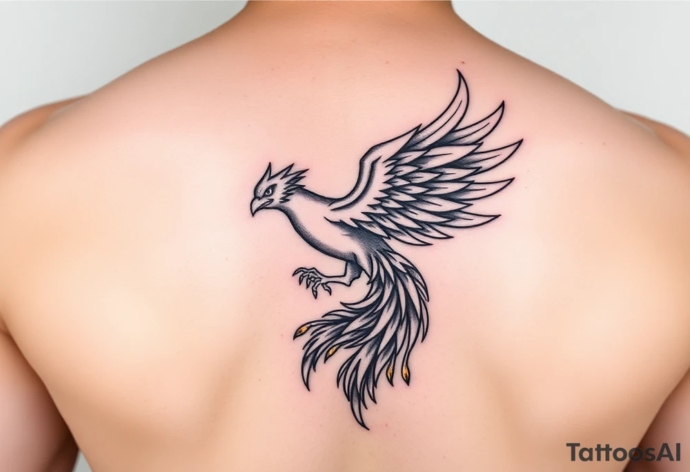 magnificent phoenix rising from golden flames with trailing embers tattoo idea