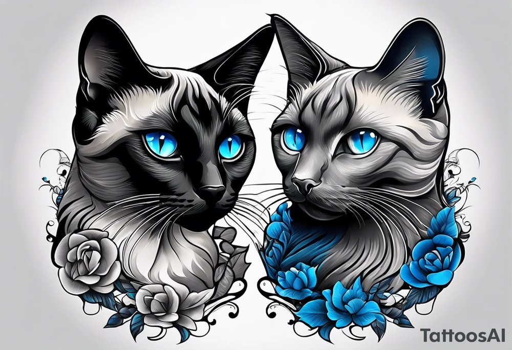 Two cats. One is medium length black and white fur, the other is a medium gray Siamese with blue eyes that are slightly crossed. tattoo idea