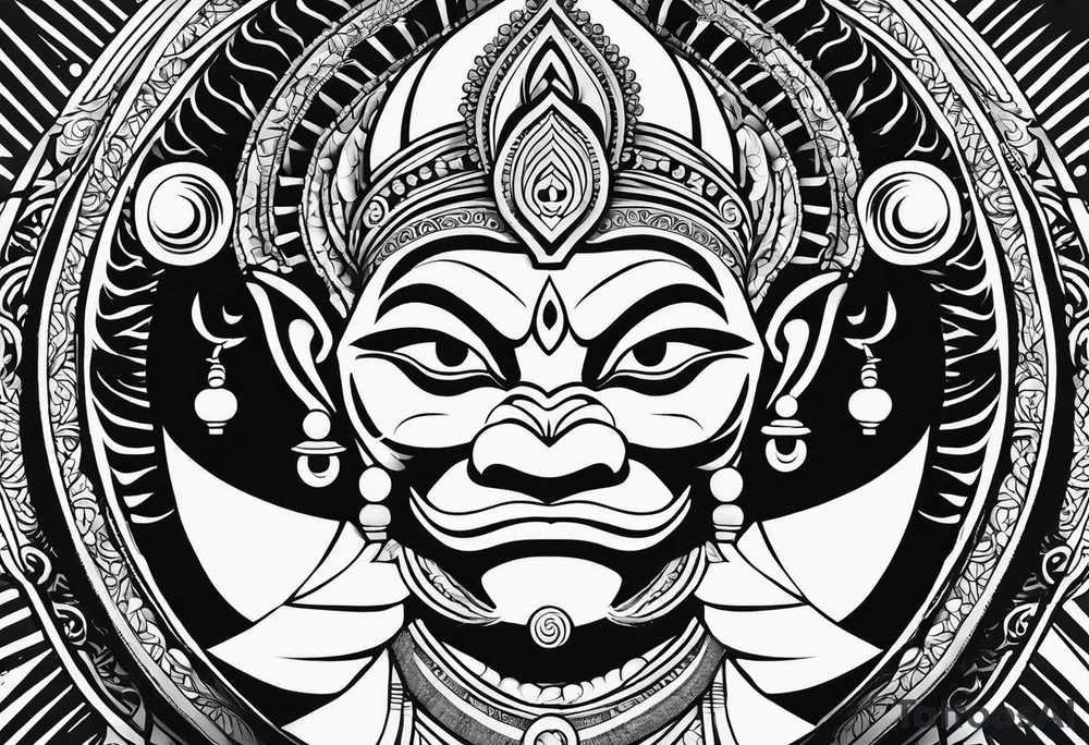 A simplified depiction of Hanuman, focusing on clean lines and minimal detail to capture his essence. Key features like his face, his mace (gada), and his posture could be subtly defined, without overwhelming detail. Avoid intricate textures, focusing more on silhouette and key symbolic elements.

ensure his entire body and tail 
is in the design tattoo idea