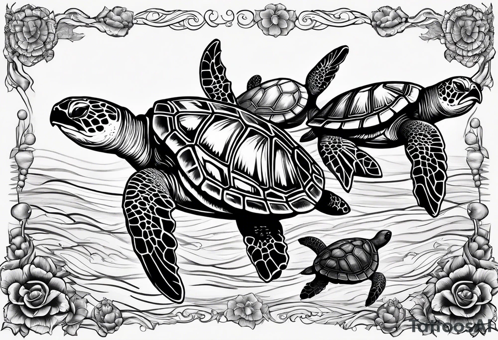 Four sea turtles swim in a row one after the other tattoo idea