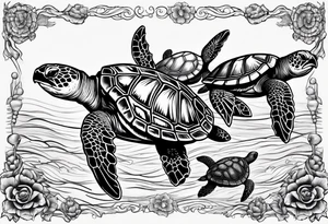Four sea turtles swim in a row one after the other tattoo idea
