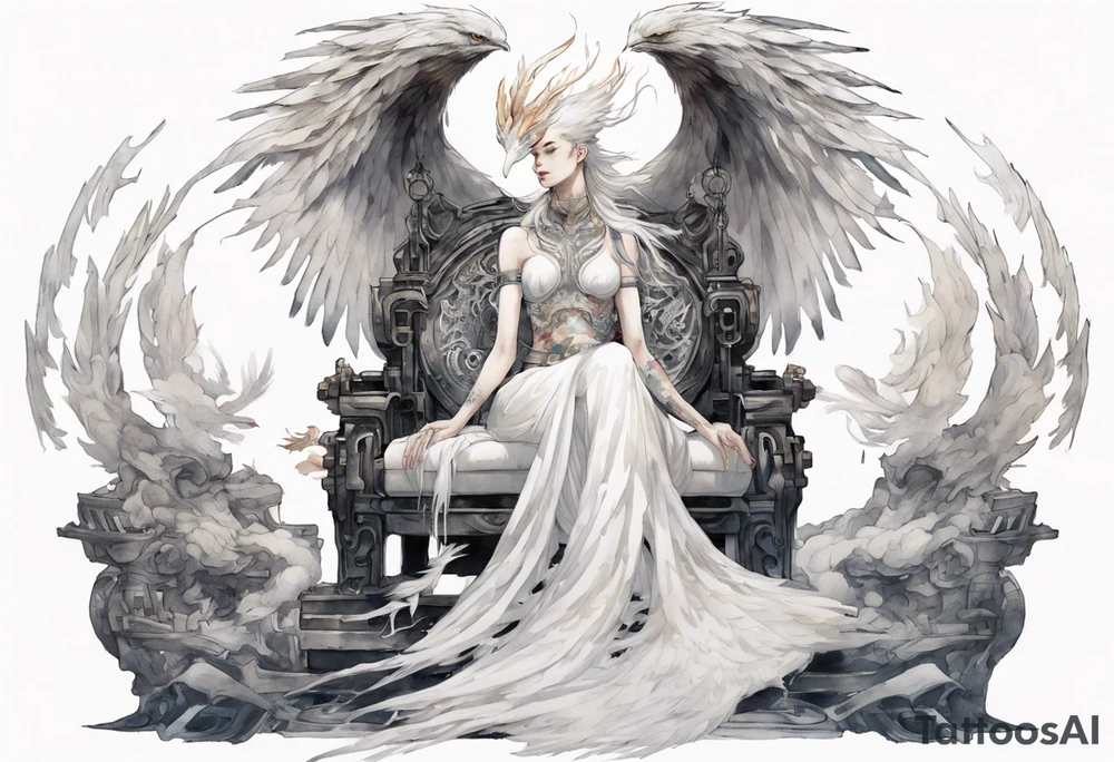a white phoenix wearing iron halo, perched on a throne tattoo idea