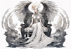a white phoenix wearing iron halo, perched on a throne tattoo idea