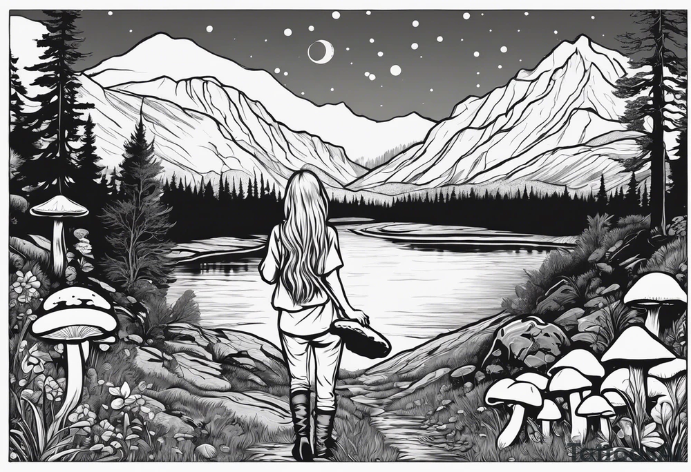 Whole picture encircled fully

Straight long blonde hair hippie girl in distance holding mushrooms in hand facing away toward mountains and creek surrounded by mushrooms long sleeve shirt and hiking pants; whole rendering within a full circle, no cut off circle tattoo idea