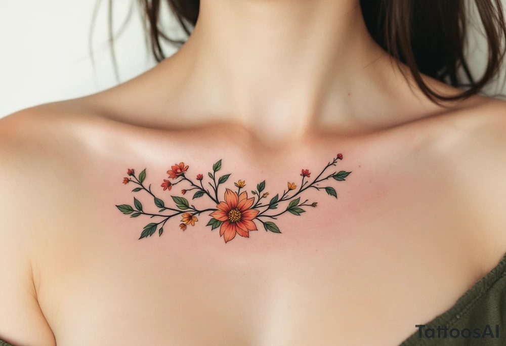Two separate collarbone tattoos of long, stems and branches covered with red, orange, yellow and dark forest green leaves and flowers, academia, witchy, muted, delicate and gentle but moody, long and thin, following the collarbone. More muted, not so bright, darker colors. Fewer amount of leaves, larger leaves tattoo idea