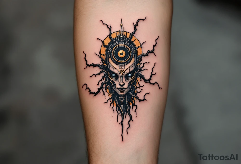 A fusion design of organic veins and robotic elements in jet black and bronze, blending with skin through shadowed transitions. tattoo idea