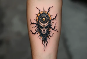 A fusion design of organic veins and robotic elements in jet black and bronze, blending with skin through shadowed transitions. tattoo idea