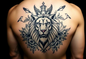 powerful majestic lion with a crown, surrounded by floral ornaments and birds tattoo idea