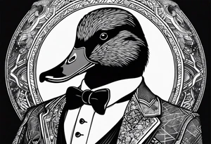 Dabbling Duck wearing a small jacket that says "XRP" on it tattoo idea