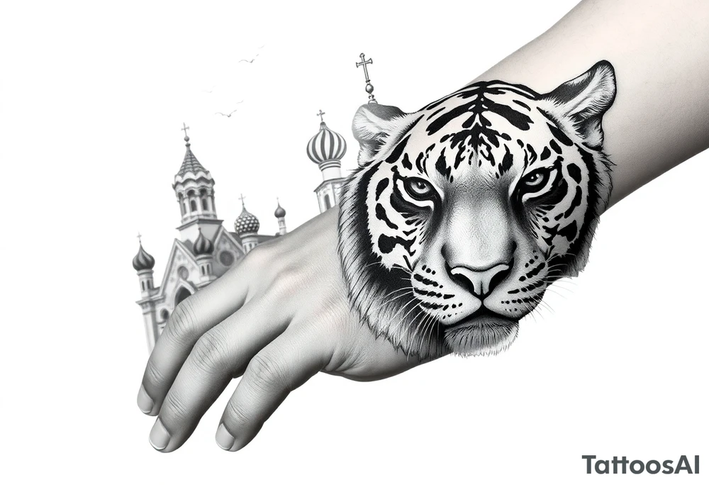 Realistic tiger face on the back of the hand with strong contrast and fine detail with its eyes completely black. with a highly detailed Russian Orthodox cathedral sitting above on fore arm with onion domes and orthodox crosses, done in fine line, engraving-like style. Cohesive composition, black ink only, no color, high contrast, slightly aged, documentary-style, plain light background. with clouds above and a virgin mary 
spanning from my hand to lower fore arm tattoo idea
