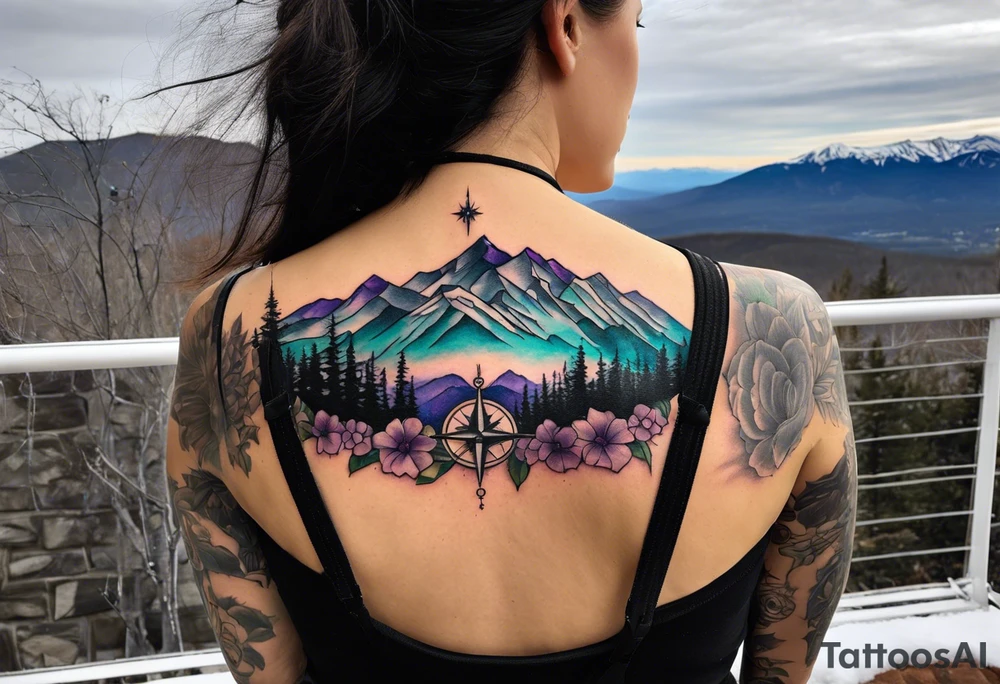 half sleeve tattoo on my shoulder. It features pikes Peak mountain, with a compass rose rising up from behind the mountain like a sunrise. In front of the mountains, there are purple and teal flowers. tattoo idea