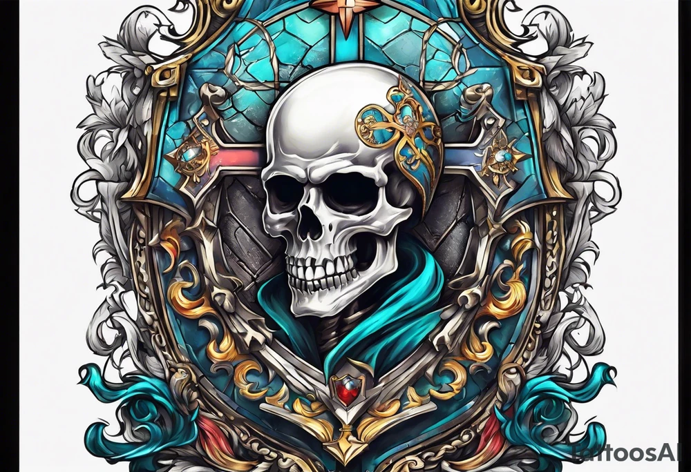 skeleton holding a shield with a cross on it tattoo idea