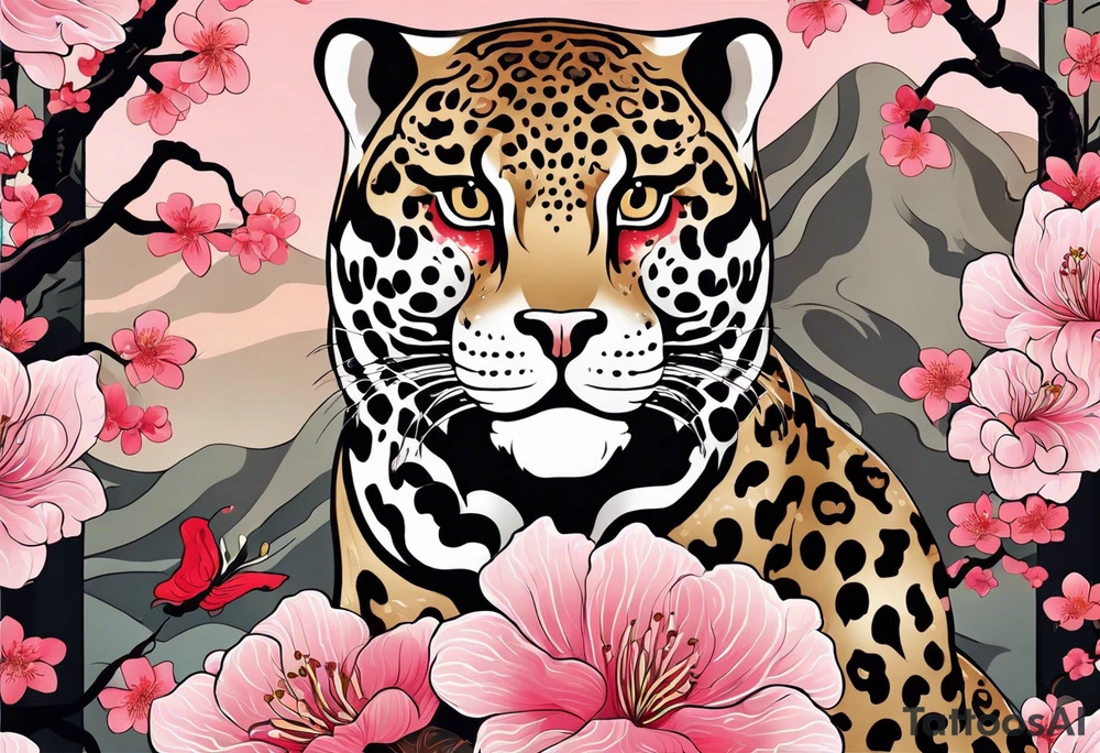 An irezumi style big cat, which looks like the traditional japanese drawing of a big cat. With the colour and pattern of a jaguar on the body of the big cat. It should be climbing upwards, with the head looking to the right. The background is a stylised cherry blossom tree with multiple shades of pink for the blossoms. The colours of the background are not dark, so that the jaguar stands out against the background. tattoo idea