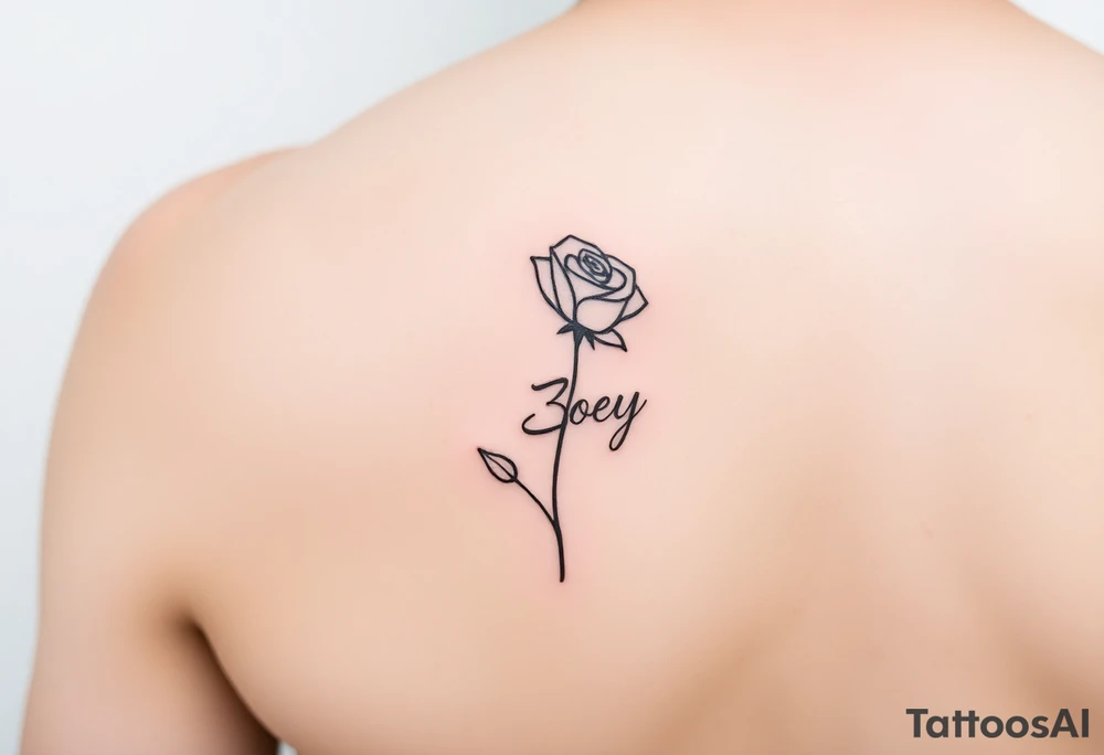 Arm tattoo with a rose and the name Zoey in cursive for the stem tattoo idea