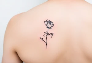 Arm tattoo with a rose and the name Zoey in cursive for the stem tattoo idea