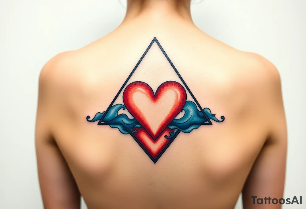 A triangle with a big heart in the center with an ocean travel theme tattoo idea