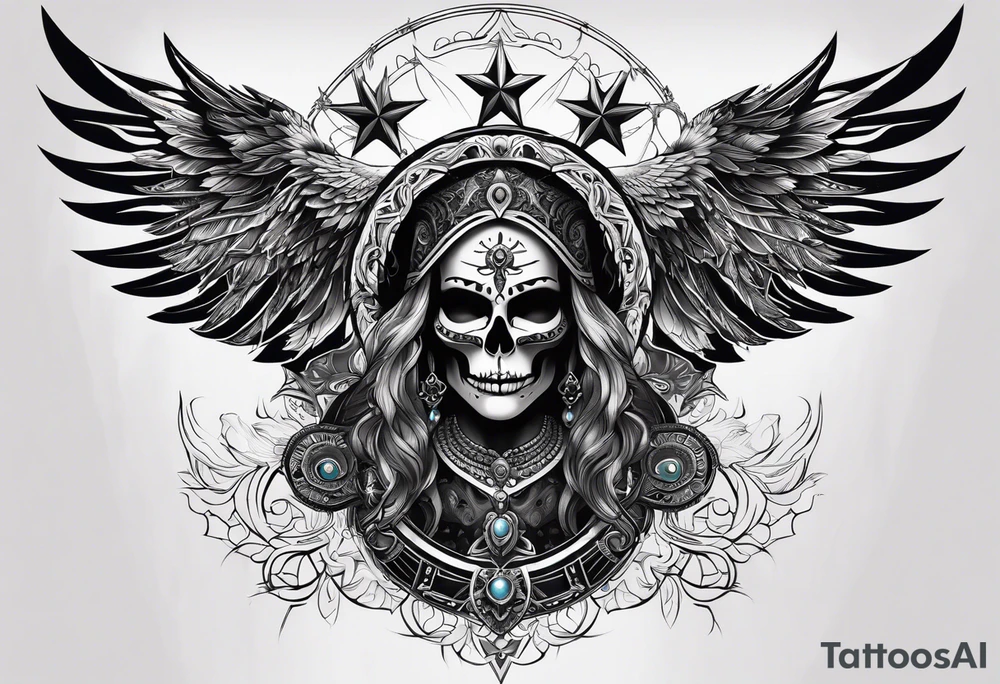 black kali, goddess pirate, alien, pachamama, valkrye, warrior, skull, lotus azul, wing, eagle, zenza resonance, stars, one side chest tattoo idea