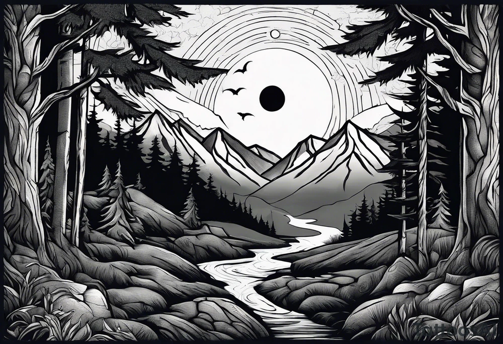 Half sleeve from shoulder
Peaks of mountains with a moon behind it
Dark woods below the mountains with a narrow trail with two wolves on bottom of the trails tattoo idea