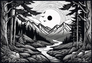 Half sleeve from shoulder
Peaks of mountains with a moon behind it
Dark woods below the mountains with a narrow trail with two wolves on bottom of the trails tattoo idea