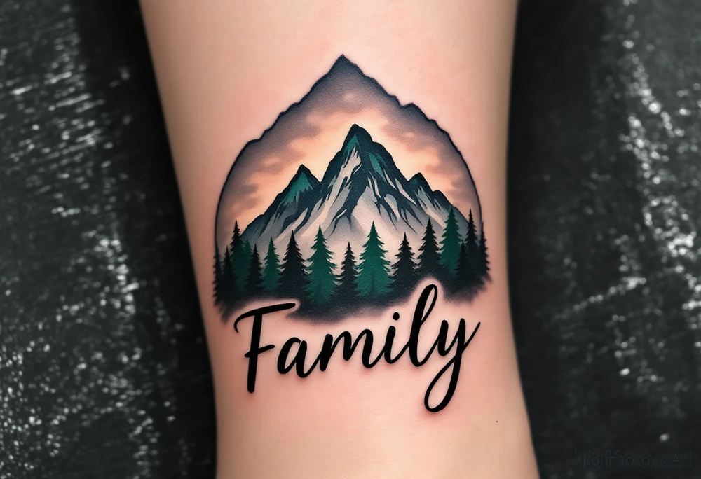 Family in delicate calligraphy beneath a mountain landscape shaded in charcoal and forest green. tattoo idea