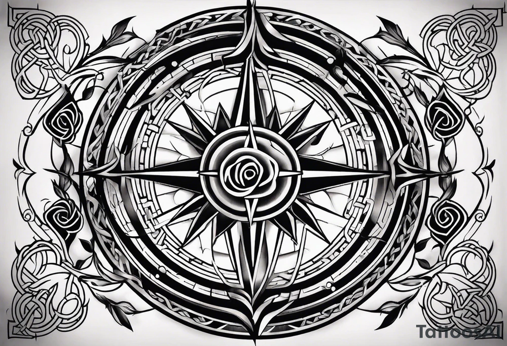 A rose compass with a labyrinth on the inside and to Celtic swords going through the center of the rose compass tattoo idea