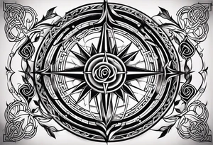 A rose compass with a labyrinth on the inside and to Celtic swords going through the center of the rose compass tattoo idea