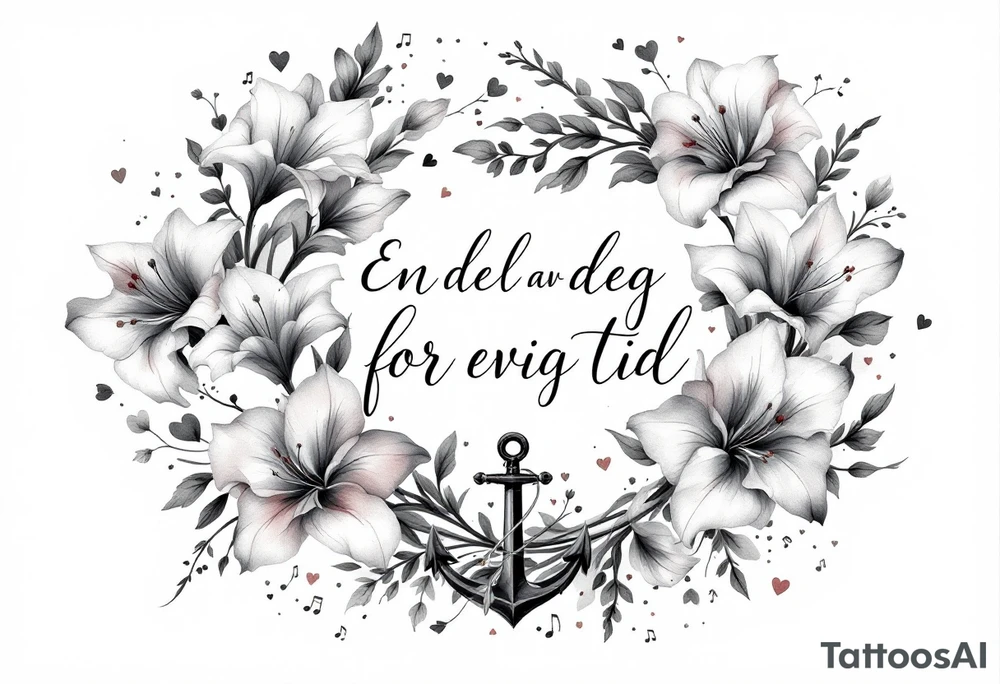 «En del av deg for evig tid
Pappa 20.12.24» Surrounded by long gladiolus, hearts, notes and an anchor.
Make it small tattoo idea