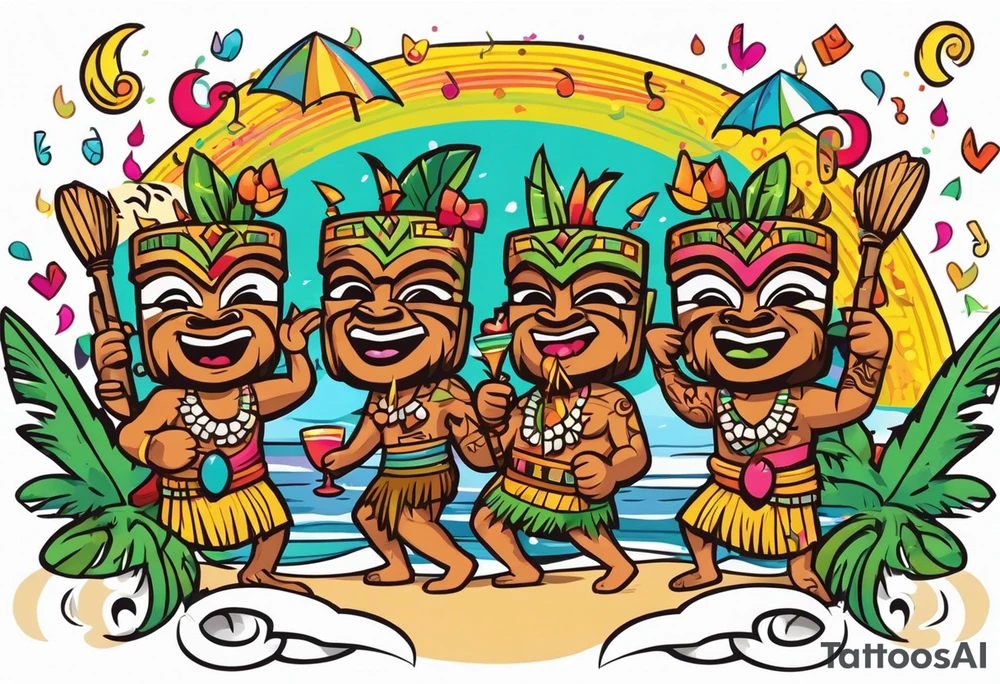 hulu tiki party with dancing tiki guys and sexy tiki girls on a beach with music notes and confetti around a blank space in the middle tattoo idea