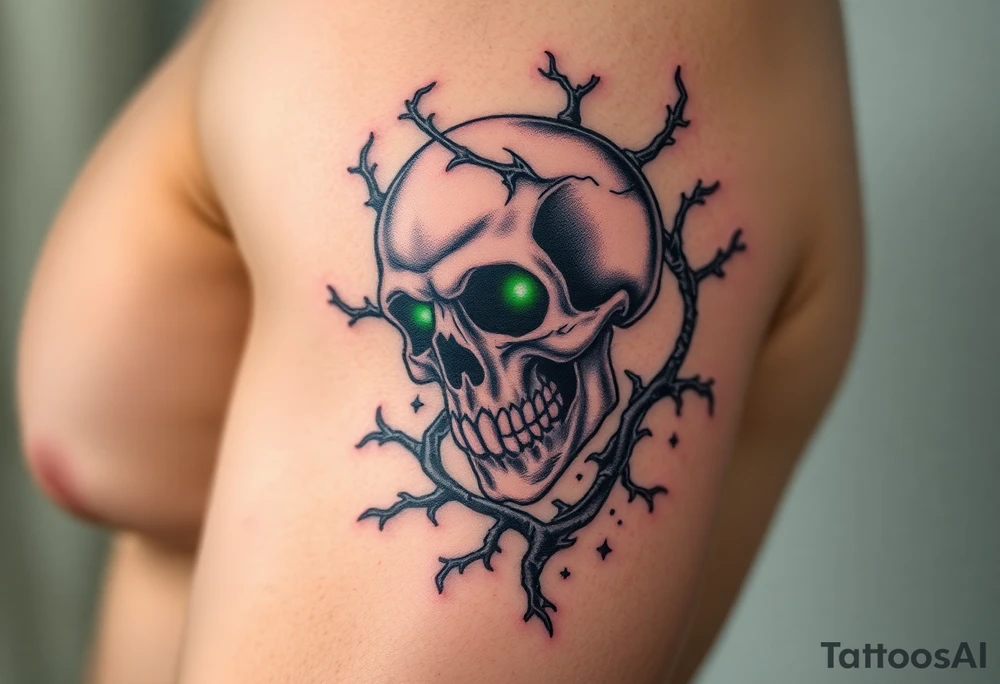 A decayed skull with glowing green eyes, wrapped in thorny vines and graveyard tattoo idea