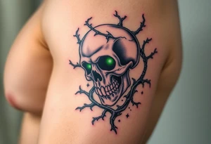 A decayed skull with glowing green eyes, wrapped in thorny vines and graveyard tattoo idea