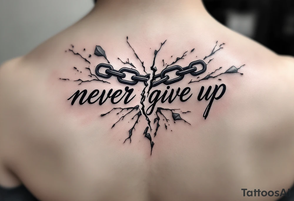 A cracked chain breaking across the phrase "never give up", done in dark gray and iron blue. tattoo idea