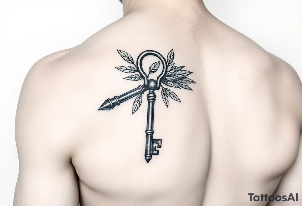 A metal key wrapped in olive leaves on the left arm tattoo idea