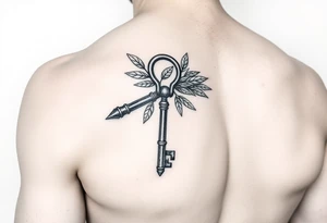 A metal key wrapped in olive leaves on the left arm tattoo idea