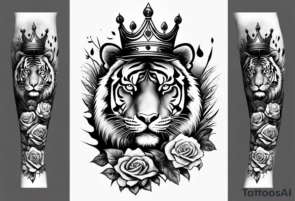 Full right arm sleeve  tiger with a crown and third eye with a hour glass instead the hourglass brain cover in in clouds and a heart cover in grass and roots with roses and smoke all over the arm tattoo idea