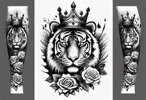 Full right arm sleeve  tiger with a crown and third eye with a hour glass instead the hourglass brain cover in in clouds and a heart cover in grass and roots with roses and smoke all over the arm tattoo idea