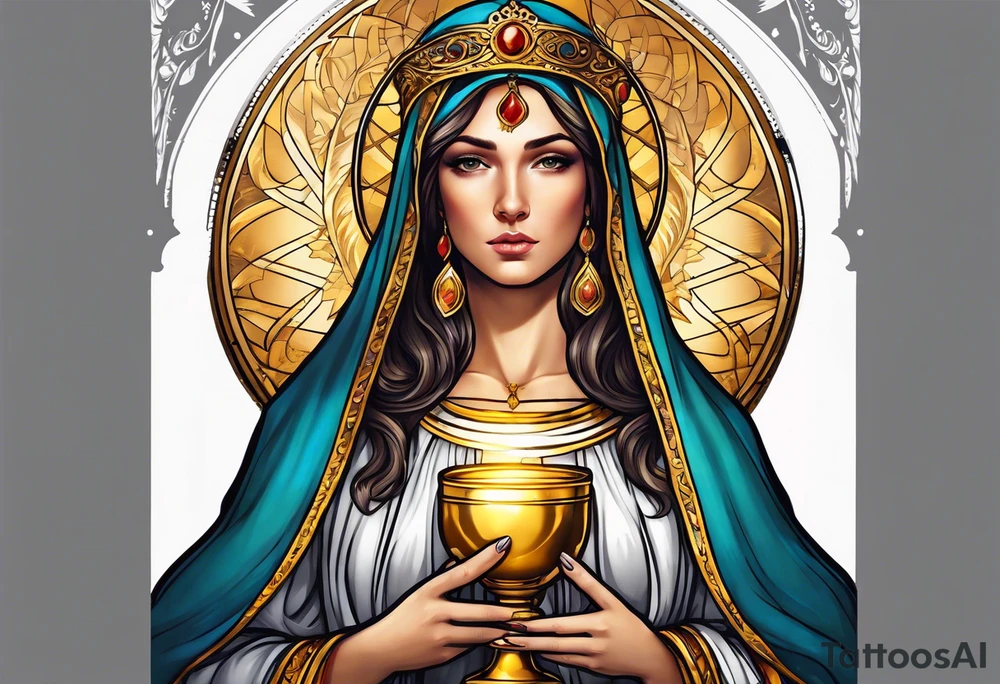 holy saint woman with golden halo holding a chalice tattoo idea