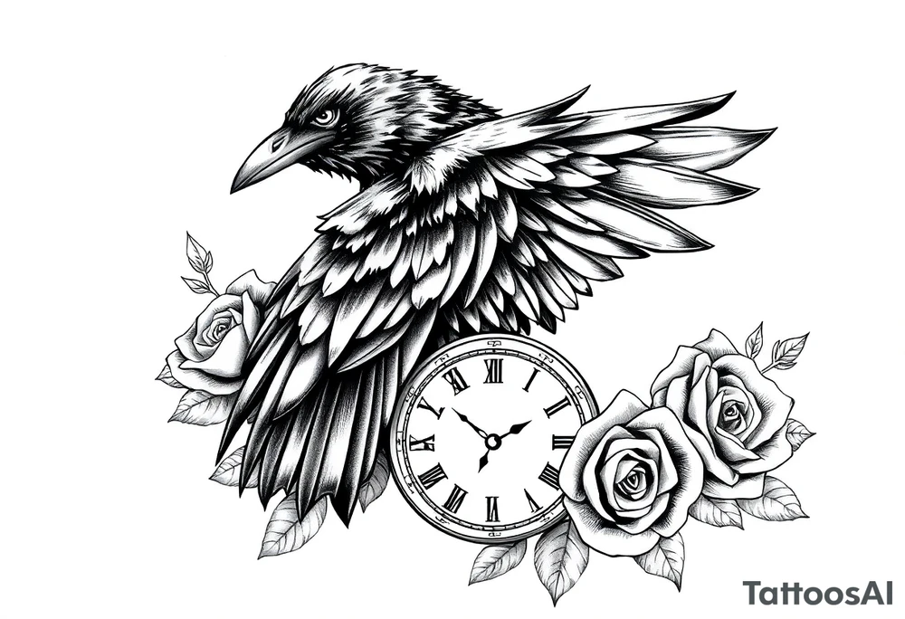 raven,roses,clock. tattoo idea