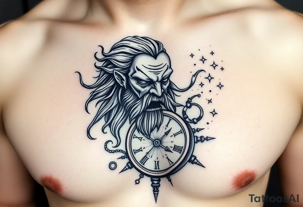 2. Cronos / Saturno – El Devorador del Tiempo
Un anciano con barba flotante y mirada vacía, devorando un reloj de arena.

Las arenas del tiempo se dispersan por el pecho como si fueran estrellas o sangre.

Puede incluir símbolos zodiacales antiguos alrededor o cadenas rotas. tattoo idea