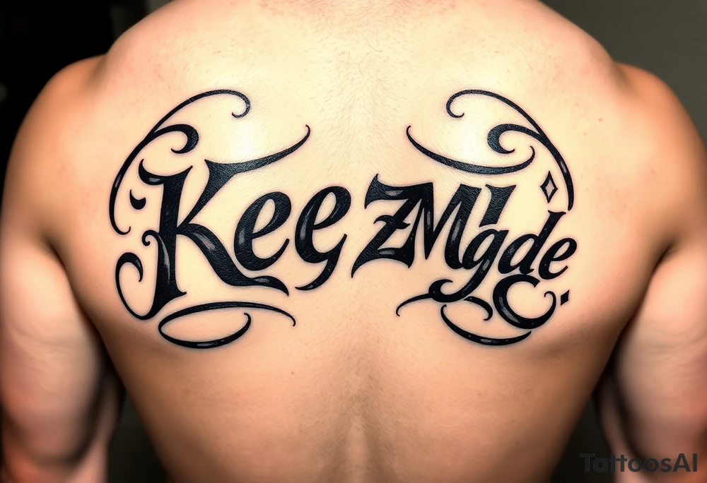 letters only fancy but rugged twisted and intertwined circular arched curvy lettering in a circular  that would be clothing brand style that says (KeezY MadE) almost the the roca wear symbol clothing brand tattoo idea