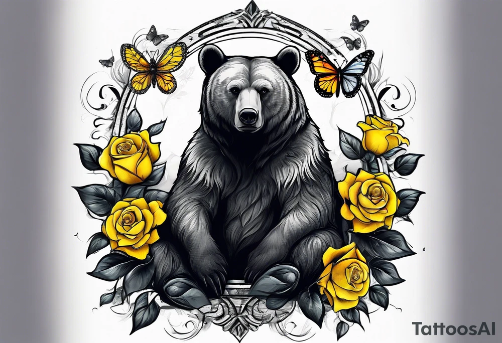 A bear sitting under the tree of life with three yellow roses, and three butterflies tattoo idea