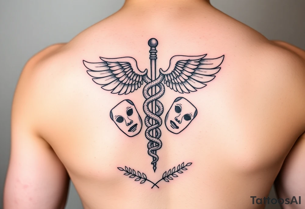 Fine-line black & grey tattoo. Central caduceus with two intertwined snakes and wings. Two drama masks subtly integrated near the base. Light fern leaves as a minimal frame. Gemini duality shown through symmetry of snakes and masks. Clean, elegant, symbolic, vertical composition. tattoo idea